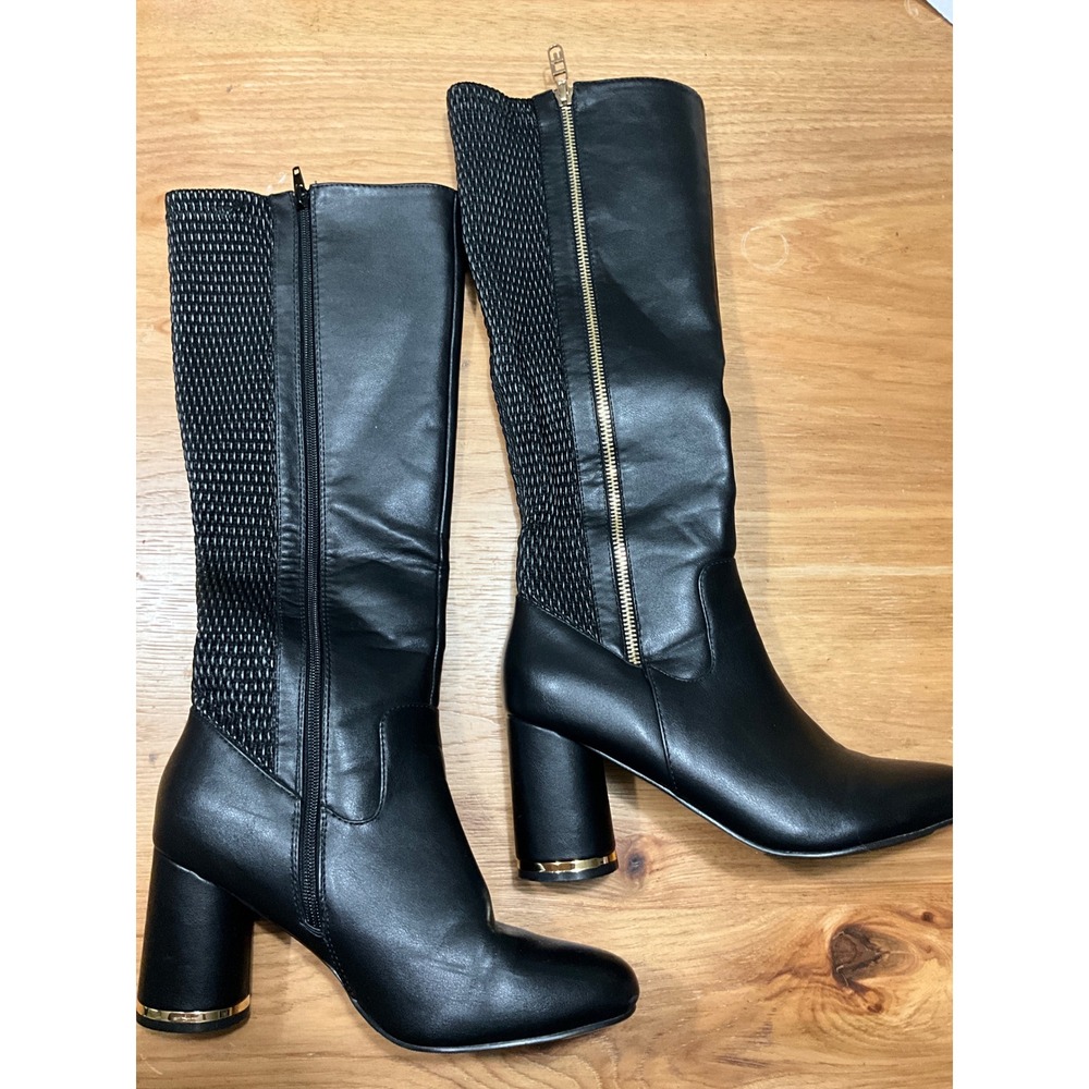 London Fog Shaya Black Tall Knee High Block Heel Boots Gold Detail Womens 7.5